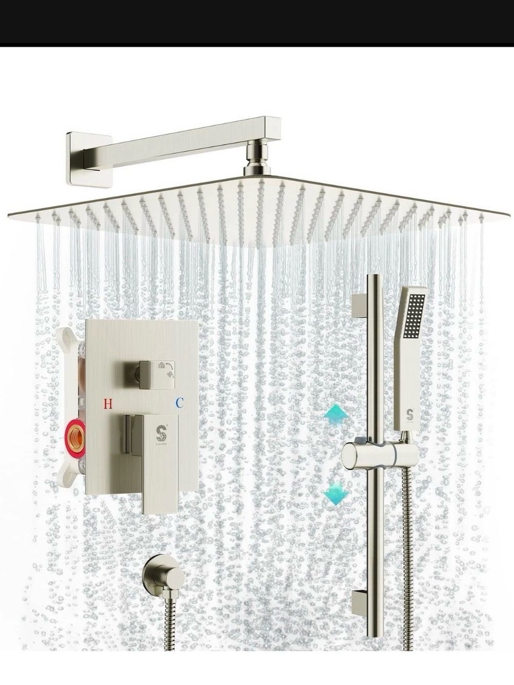 SR SUN RISE 12 Inch Square Shower System, Rain Shower Head and Slide Bar Hand...